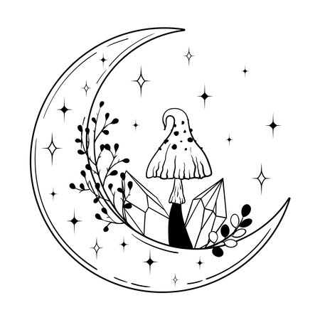 Vector line art mystical celestial magic witchcraft elements. Esoteric crescent moon, mushrooms, crystal, stars, leaves, line art.のイラスト素材