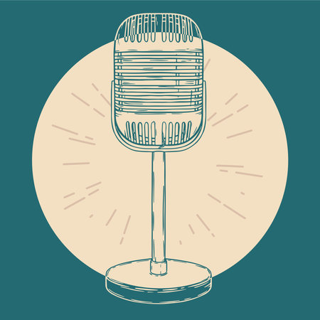 Vector retro mic. Vintage karaoke, radio microphone, podcast station. hand drawn music posterのイラスト素材