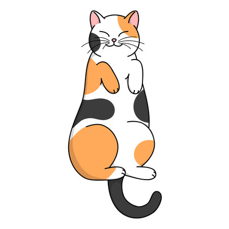 Cute cartoon happy spotted cat sleeping and smiling. Isolated on white background vector illustration. Animal nature icon, flatのイラスト素材