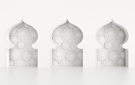 3d render mosque element in ornate arabic, Islamic architecture style interior. White color, stars Ramadan Kareem. Muslim community festival.の写真素材
