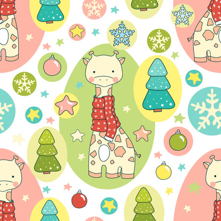 Seamless pattern with cute giraffe with warm winter scarf, fir tree, star, snowflake, christmas ball. Xmas and new year backgroundのイラスト素材