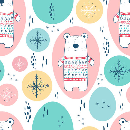 Cute polar bear in warm winter pullover, snowflakes. Seamless pattern for Christmas and New Year decorationsのイラスト素材
