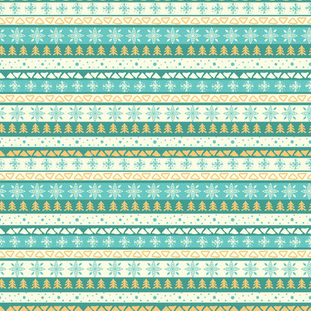 Seamless abstract pattern with snowflakes, fir tree, snowballs, stripes, scandinavian motifs. Christmas and New Year backgroundのイラスト素材