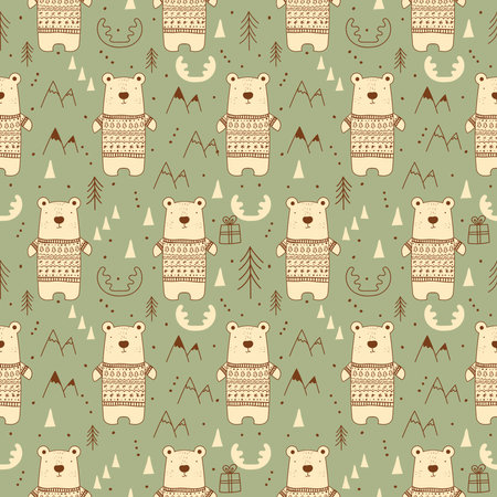 Seamless pattern with cartoon bears in pullover. Ethnic background with cute animals, presents, fir tree, mountains. Christmas, New Year designのイラスト素材