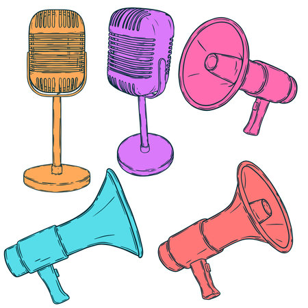Vector set of retro vintage mic and megaphone isolated on white. Announcement, advertasind, music setのイラスト素材