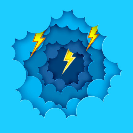 Paper art blue clouds with lightning