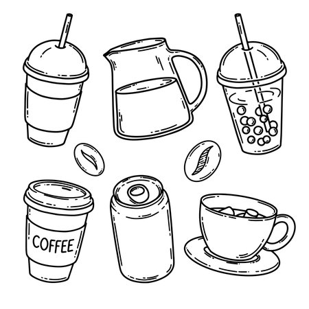 Coffee to go vector set, chocolate with marsmallow, carafe of milk, coffee bean, canbubble teaのイラスト素材
