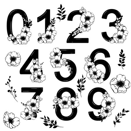 Numbers with spring flowers. Elegant blossom number, date and numeric monogram. Flower ornamental numbers character. Vector setのイラスト素材