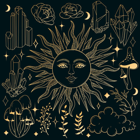 Crescent moon and sun face, clouds, magic crystal, flowers, mushrooms, stars. Isoteric vintage engraved vector setのイラスト素材