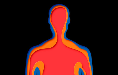 Modern poster with layered cut out colored paper human silhouette. Deep paper art origami style.
