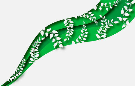 Paper elegant branches with leaves layer cut abstract background. Ecology and environment conservation concept. Paper art style. Vector illustration.のイラスト素材