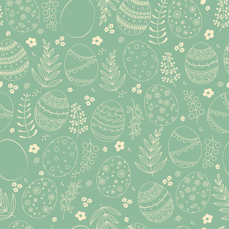 Seamless Easter pattern with doodle ornamental eggs and confetti. Vintage spring easter holiday colorful background. Eggs, flowers, leaves, berriesのイラスト素材