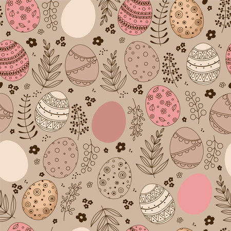 Seamless Easter pattern with doodle ornamental eggs and confetti. Vintage spring easter holiday colorful background. Eggs, flowers, leaves, berriesのイラスト素材