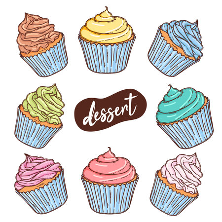 Cupcake with colorful cream icing collection. Hand drawn sweet pastry illustrationのイラスト素材