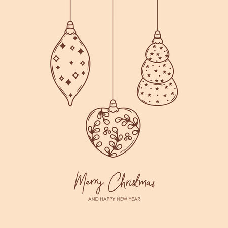 Merry Christmas and Happy New year retro banner template, greeting card. Vector background with christmas fir tree decorations. Star, ball, pune treeのイラスト素材