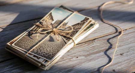 A bundle of old black and white vintage postcards tied with rustic string on a distressed wooden table in soft natural sunlight