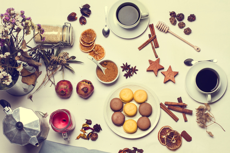 Black coffee with macaronsの写真素材