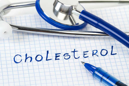 A stethoscope on a paper with cholesterol word write in itの写真素材