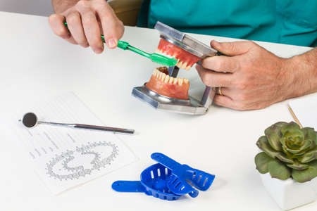 Dentist showing how to brushteeth with a denture on a white desk