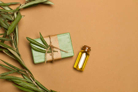 Green soap bar with olive leaves on a brown background in a top viewの写真素材