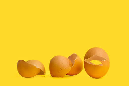 Cracked eggshells on a yellow background in a close up view