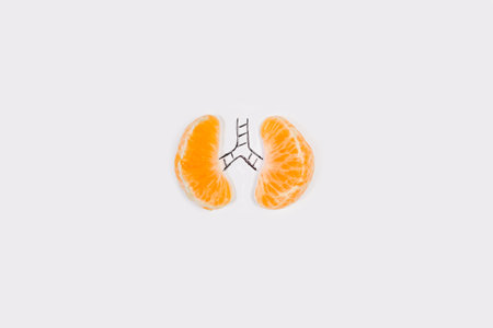 Lungs and trachea made with tangerine and a draw on a gray background