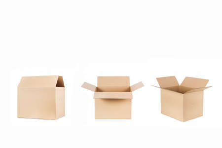 Three open cardboard boxes on a white backgroundの写真素材