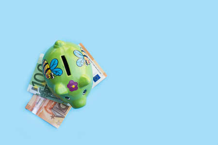 Green piggy bank on euro bills and on a blue background with copy spaceの写真素材