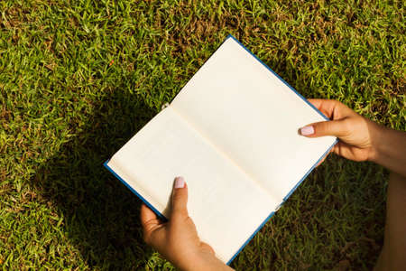 Woman hands holding an open book on the grassの写真素材