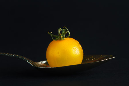 Wet yellow cherry tomato on a spoon on a dark backgroundの写真素材