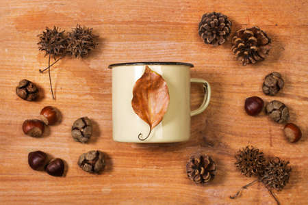 Metal mug and dry leaf on a wooden board in a top viewの写真素材