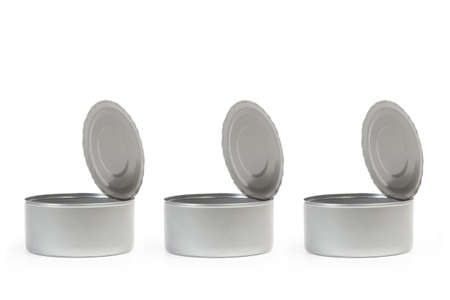Open empty cans of preserves on a white background
