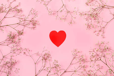 Gypsophila flowers and a red heart on a pink background