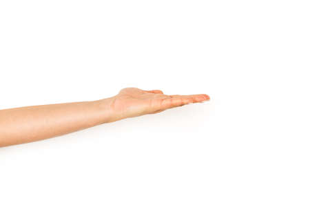 Woman hand in asking gesture on a white background with copy spaceの写真素材