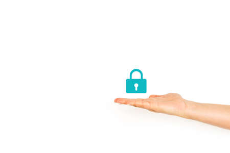 Woman hand showing a padlock icon on a white background with copy space