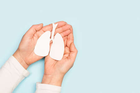 Woman hands holding white paper lungs on a light blue background with copy spaceの写真素材