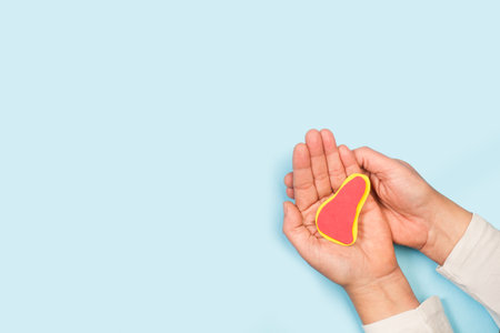 Woman hands holding red and yellow paper liver on a light blue background with copy space
