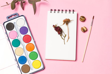 A palette of watercolors and a paintbrush on a pink background in a top viewの写真素材