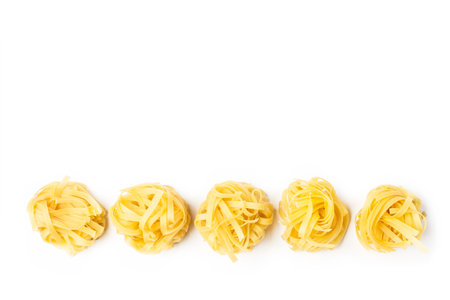 Dry nest noodles isolated on a white background with copy spaceの写真素材