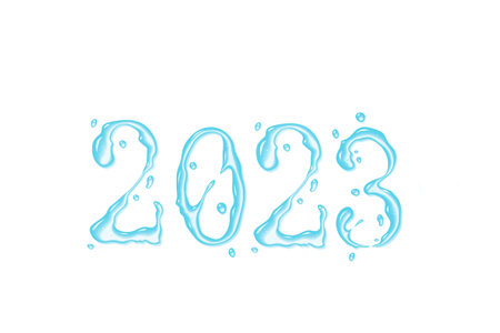 Water shaped number 2023 on a white background with copy space