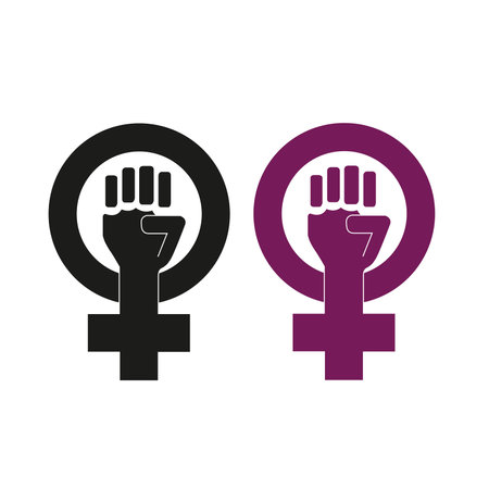 Feminist movement symbols in black and purple on a white background with copy spaceのイラスト素材