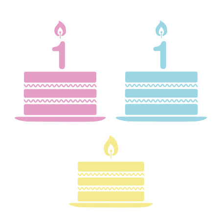 Colored one year birthday cake on a white background with copy spaceのイラスト素材