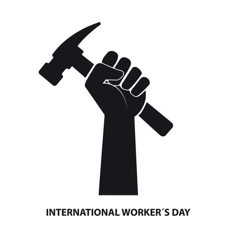 Workers day illustration with a fist holding a hammer on a white backgroundのイラスト素材