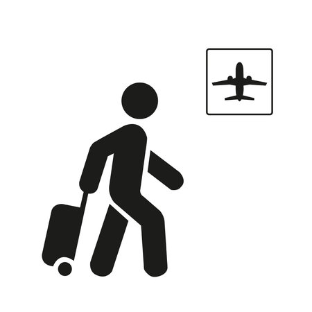 Man with a bag and departures sign on a white background with copy spaceのイラスト素材