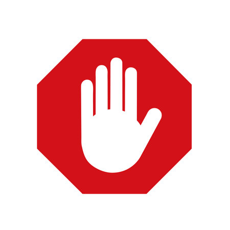 A red stop sign with a white hand on a white background with copy spaceのイラスト素材