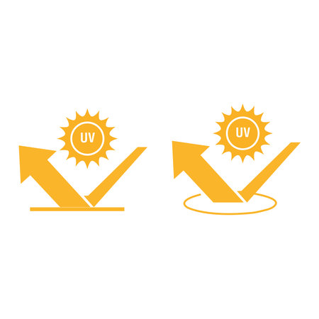 Yellow suns with sun protection factor levels on a white background with copy spaceのイラスト素材