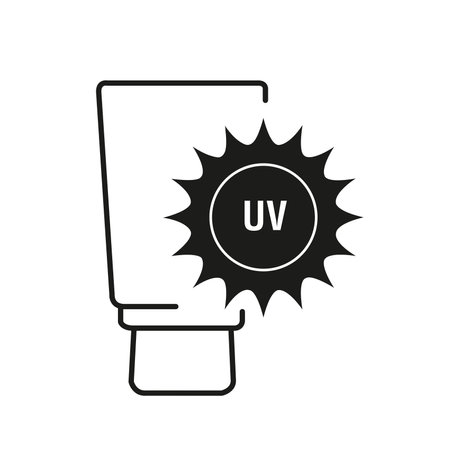 A sun tan lotion and an ultraviolet radiation sign on a white background with copy spaceのイラスト素材