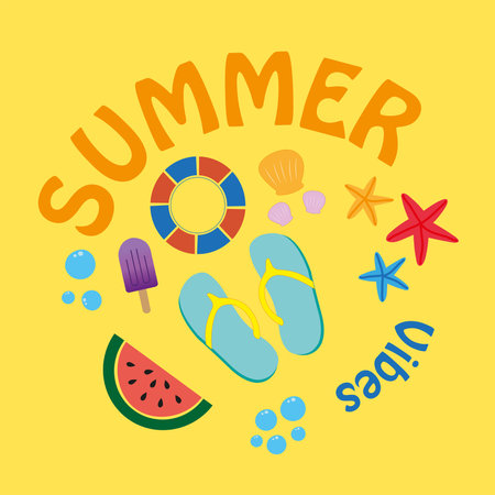 Summer banner with colored beach stuff on a white backgroundのイラスト素材