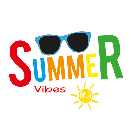 Summer banner with text, sunglasses and a yellow sun on a white background