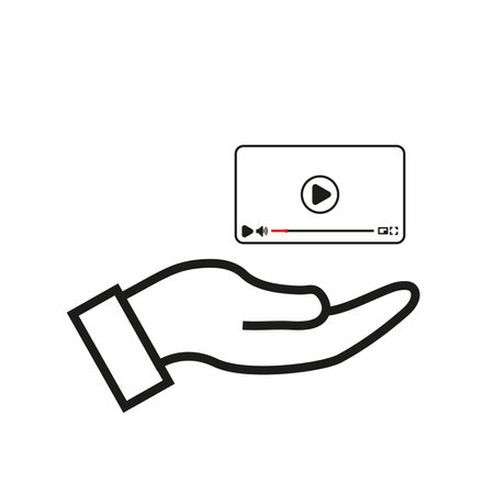 A hand holding video player screen with the play symbol on a white backgroundのイラスト素材